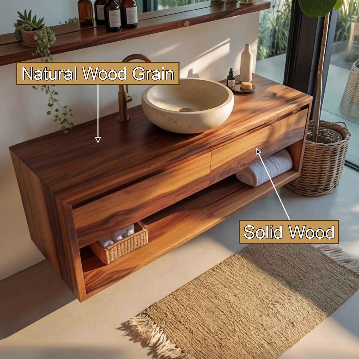 Lunara Minimal Japandi Handcrafted Solid Wood Floating Bathroom Vanity With Drawers
