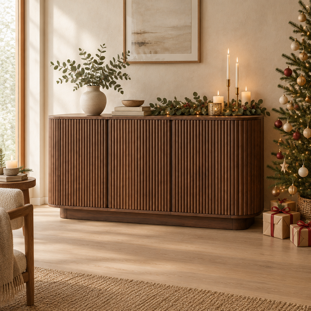 Sora Curved Sideboard in a Christmas living room