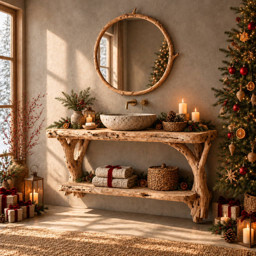 Tidewood Driftwood Floating Vanity in a Christmas living room