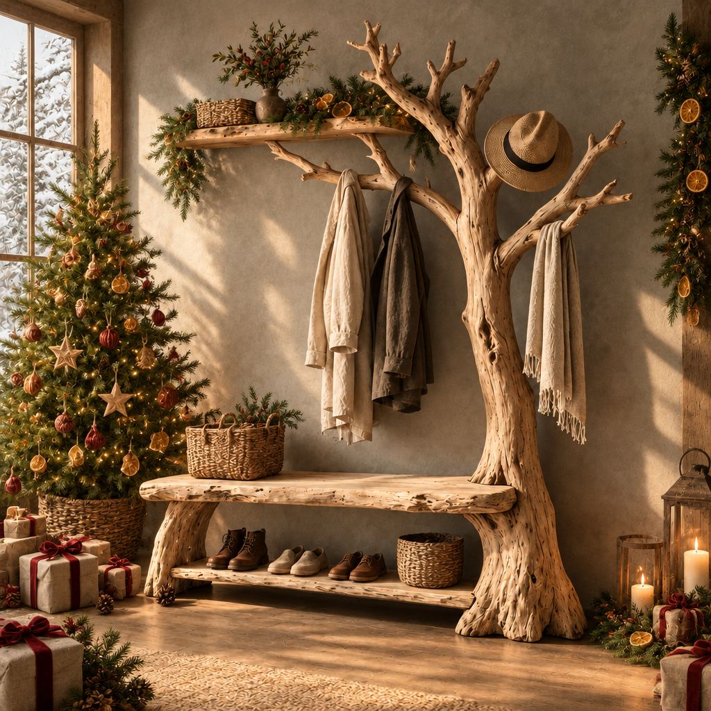 Tidewood Hall Tree with Bench in a Christmas living room