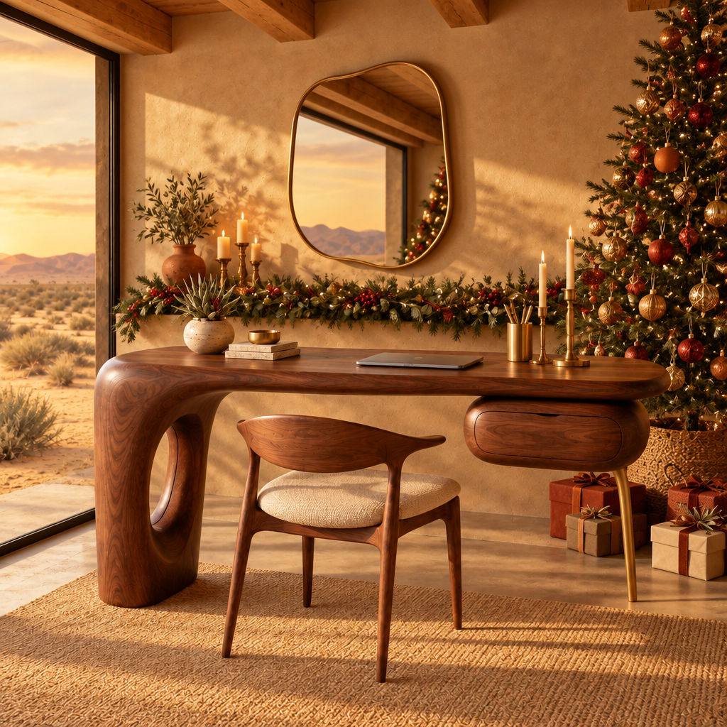 Mojave Sculpted Writing Desk in a Christmas living room