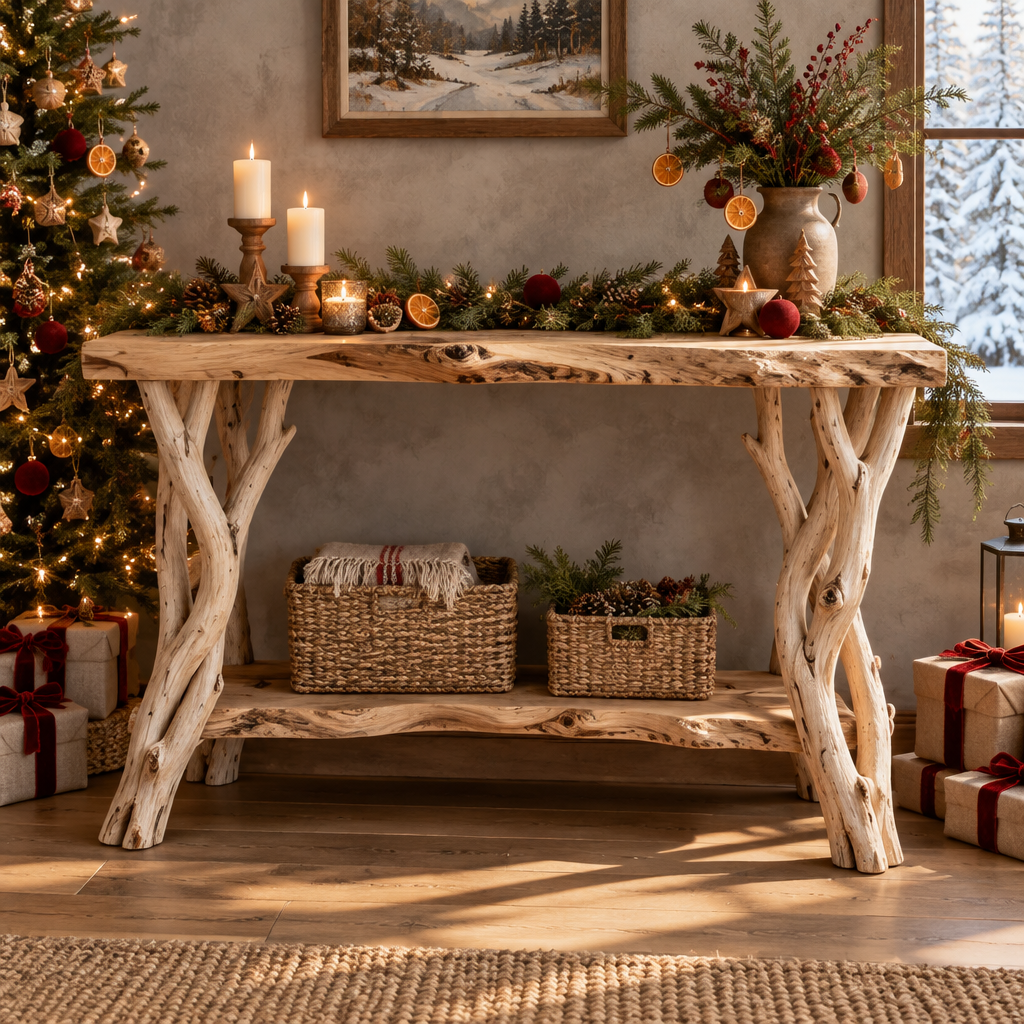 Tidewood Driftwood Leg Console in a Christmas living room