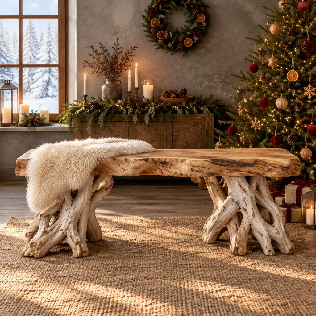 Tidewood Driftwood Entry Bench in a Christmas living room