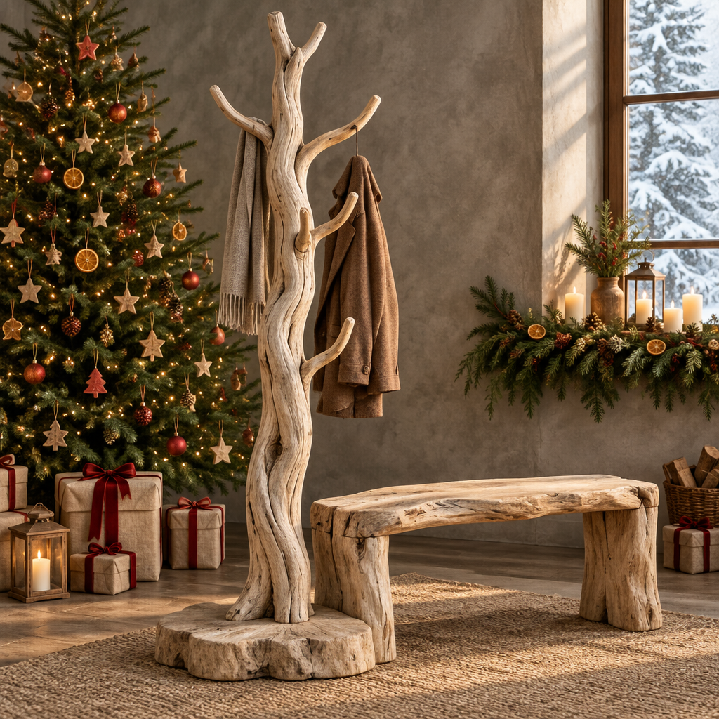Tidewood Standing Driftwood Coat Tree in a Christmas living room