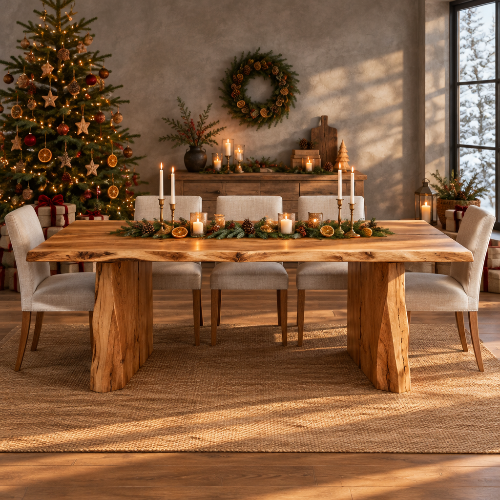 Tidewood Live-Edge Dining Table in a Christmas living room
