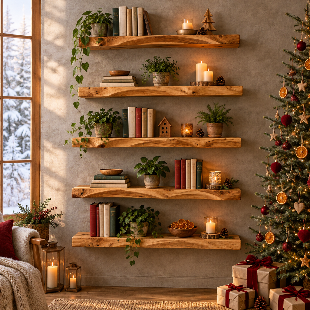 Tidewood Live-Edge Floating Shelf Wall Set in a Christmas living room