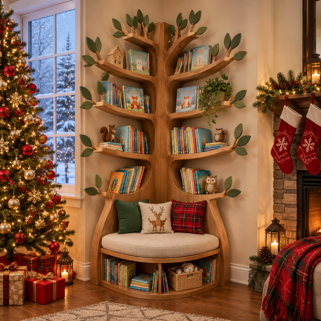 Rowan Kids Tree Reading Nook in a Christmas living room