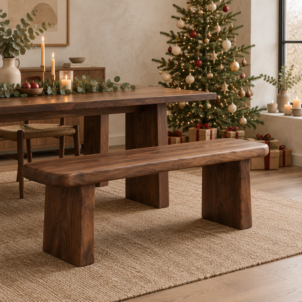 Mesa Carved Dining Bench in a Christmas living room