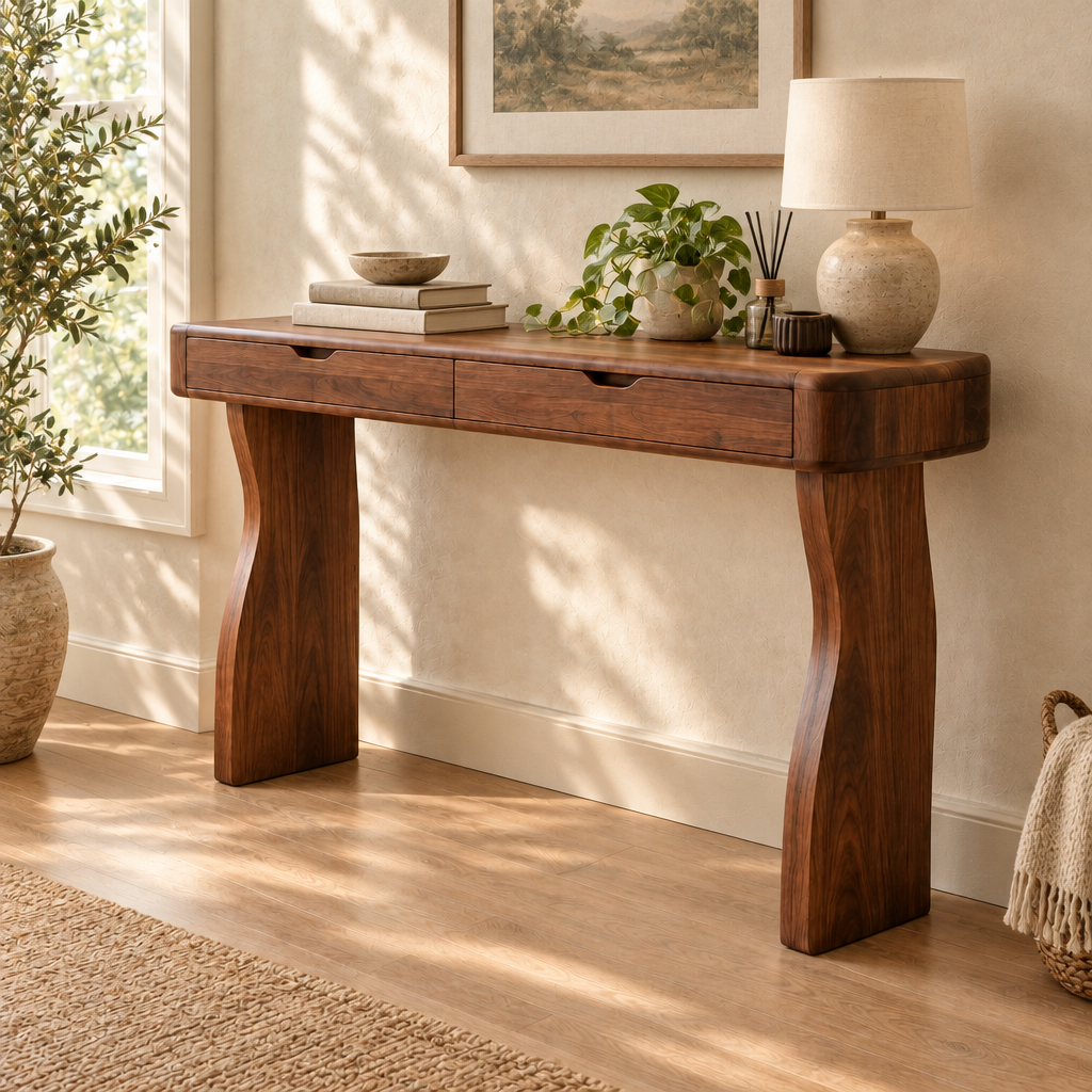 Sora Curved Console Table in a living room