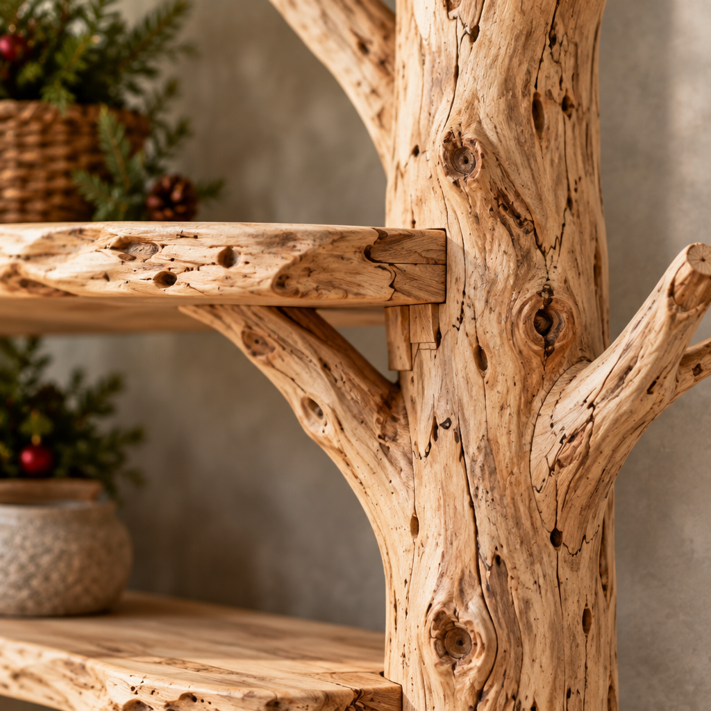 Tidewood Wall Tree Shelf wood grain and joinery close-up