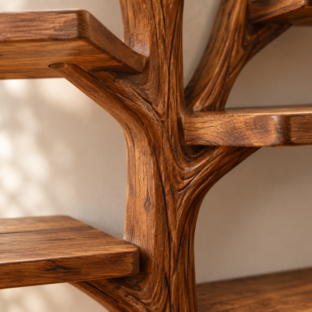 Rowan Wall Tree Bookshelf with Light wood grain and joinery close-up