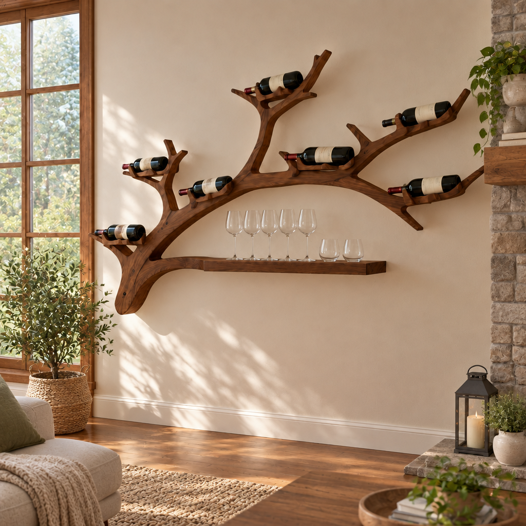 Rowan Branch Wine Wall with Light in a living room