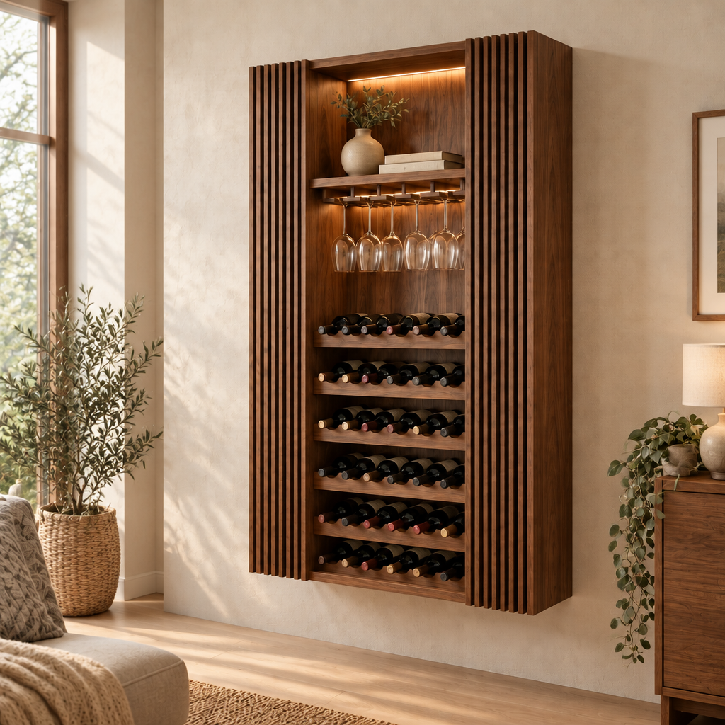 Halden Slatted Wine Cabinet with Light in use