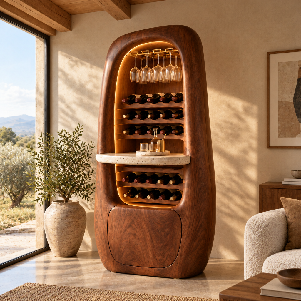 Mojave Sculpted Wine and Bar Cabinet in a living room