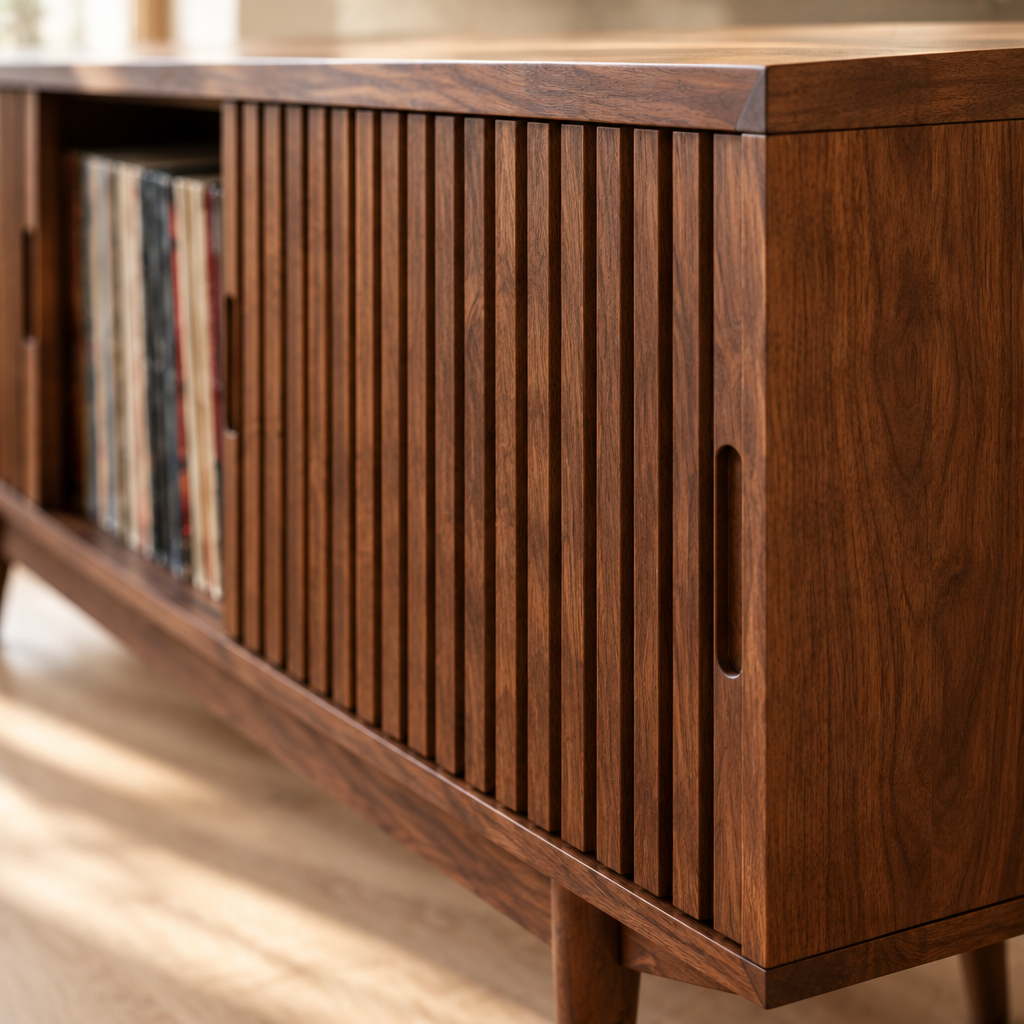 Halden Slatted Record Console wood grain and joinery close-up
