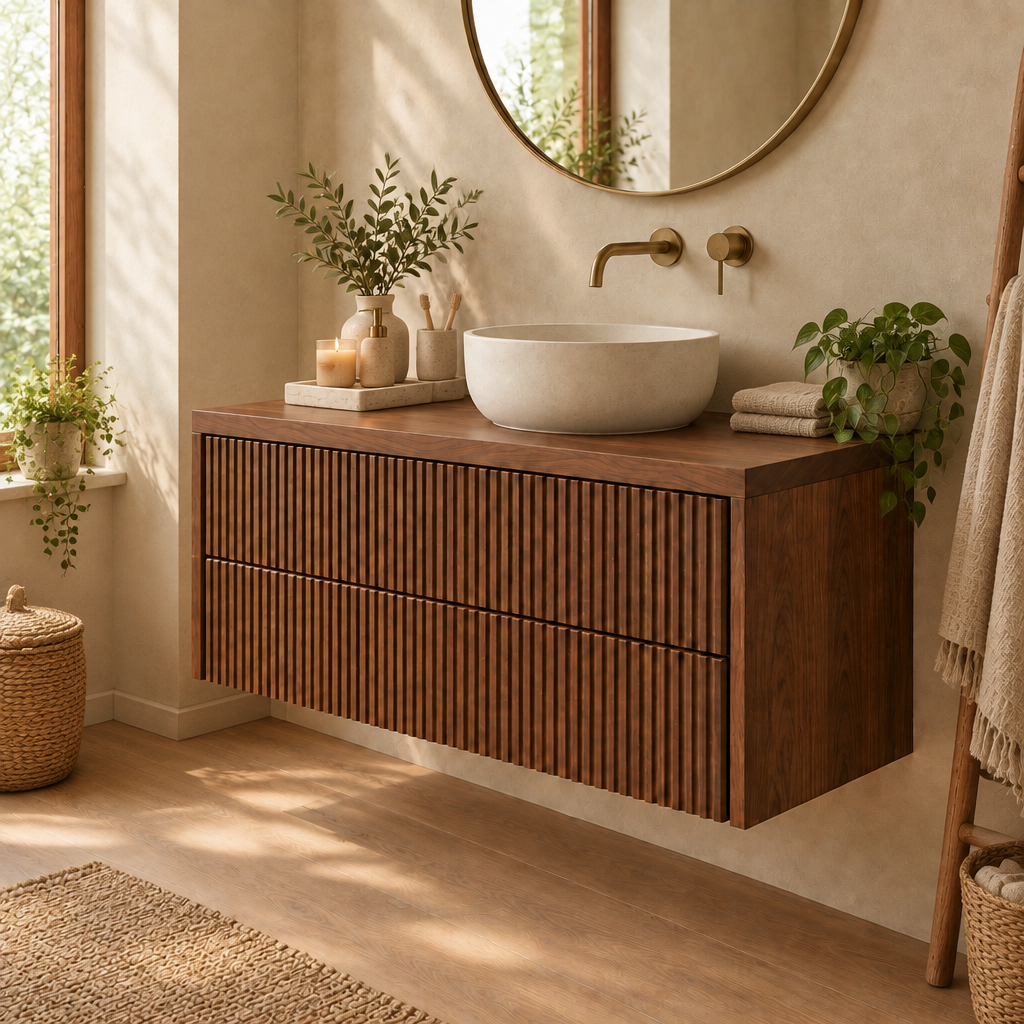 Halden Fluted Floating Vanity in a living room