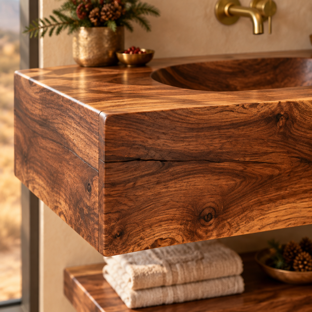 Mojave Carved Integrated-Sink Vanity wood grain and joinery close-up