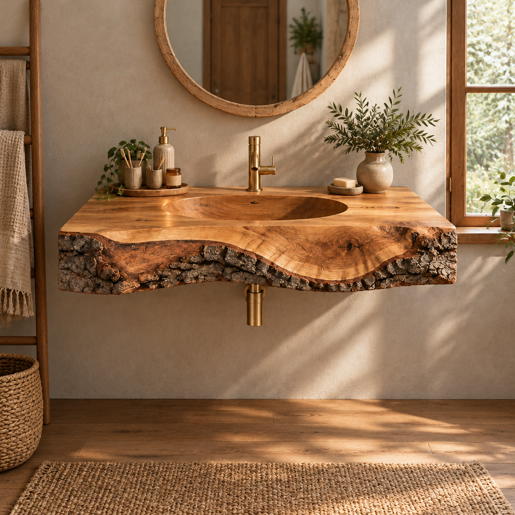 Tidewood Live-Edge Integrated-Sink Vanity in a living room