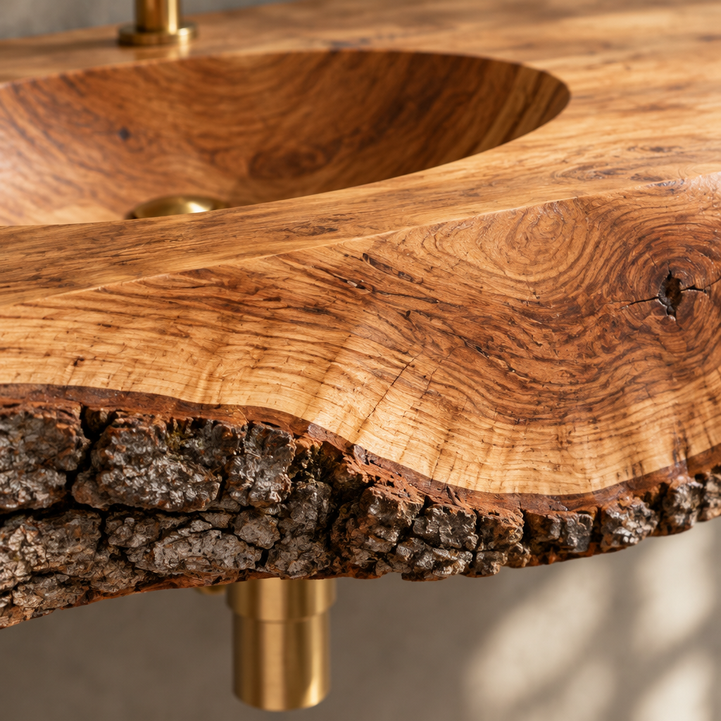 Tidewood Live-Edge Integrated-Sink Vanity wood grain and joinery close-up