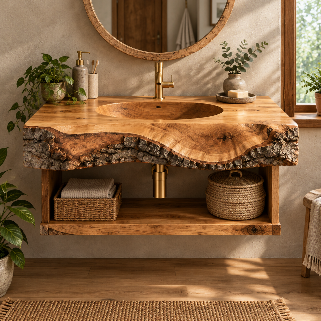 Tidewood Live-Edge Integrated-Sink Vanity in use