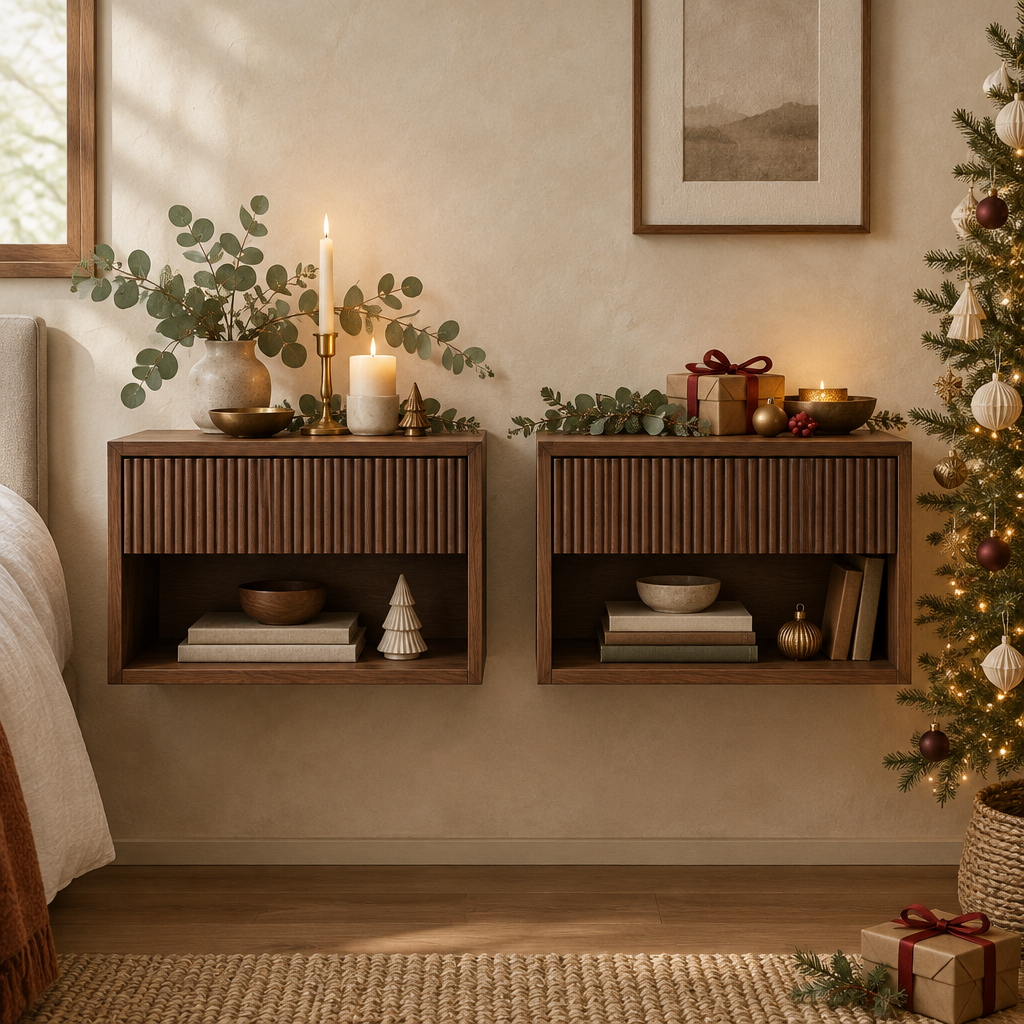 Halden Fluted Nightstands, Set of 2 in a Christmas living room