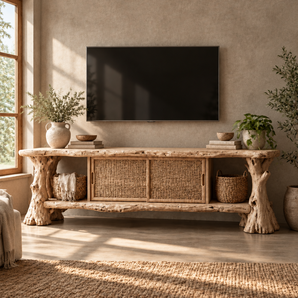 Tidewood Driftwood Media Console in a living room