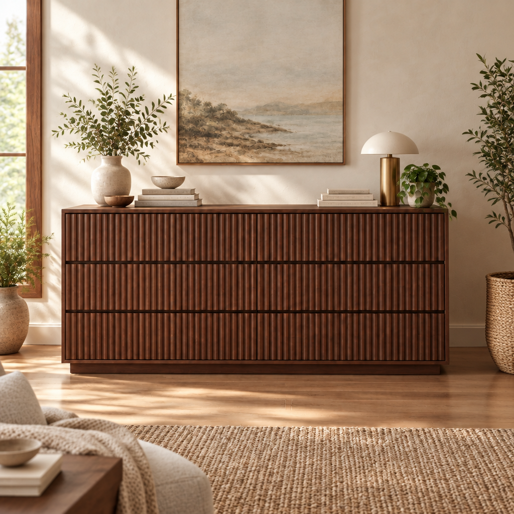 Halden Fluted 6-Drawer Dresser in a living room