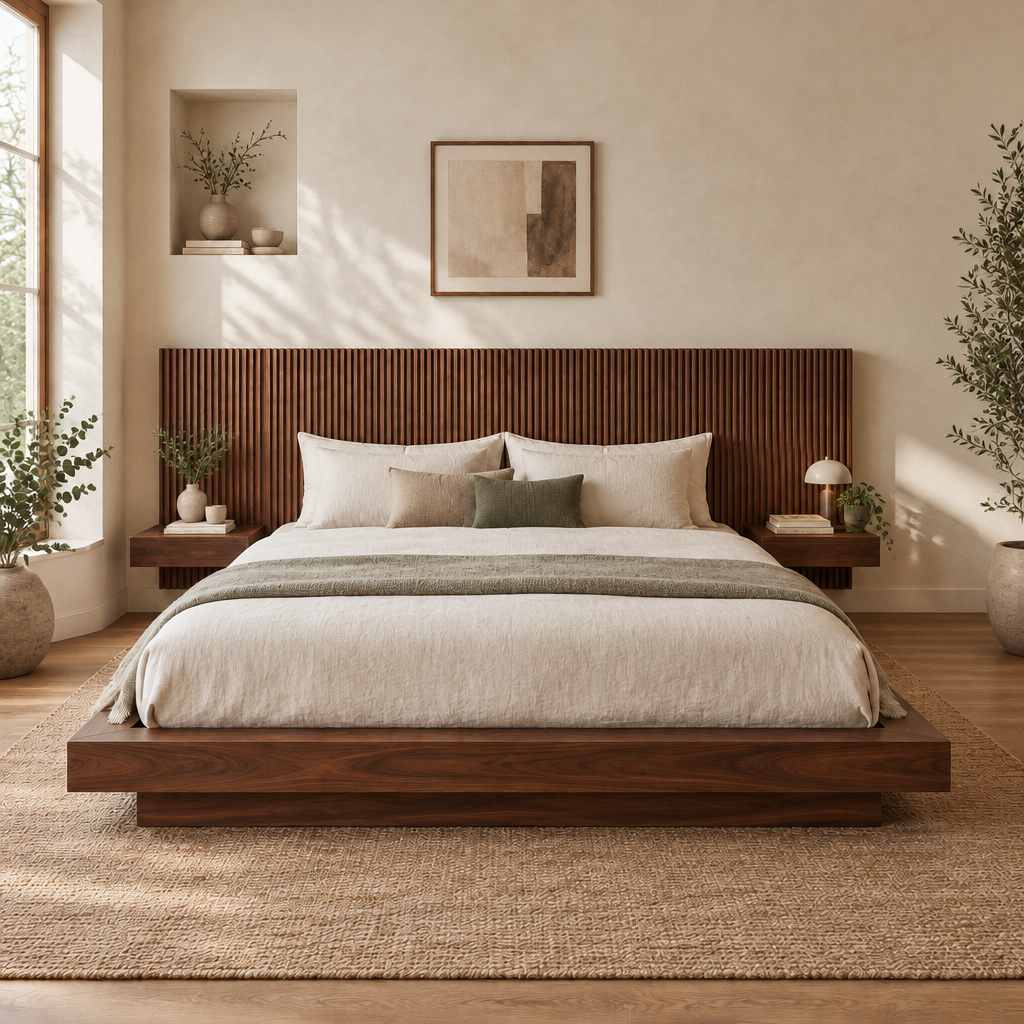 Halden Platform Bed with Fluted Headboard in a living room