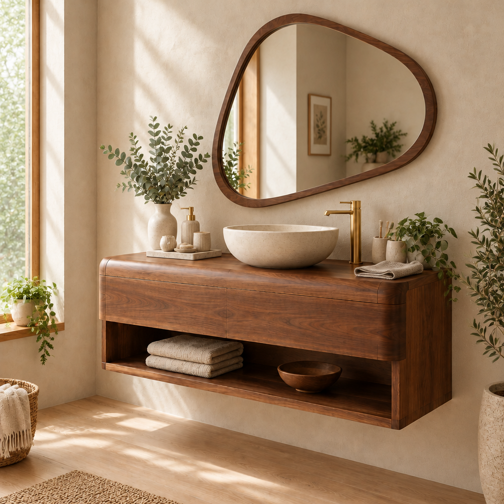 Mesa Vanity and Organic Mirror Set in a living room