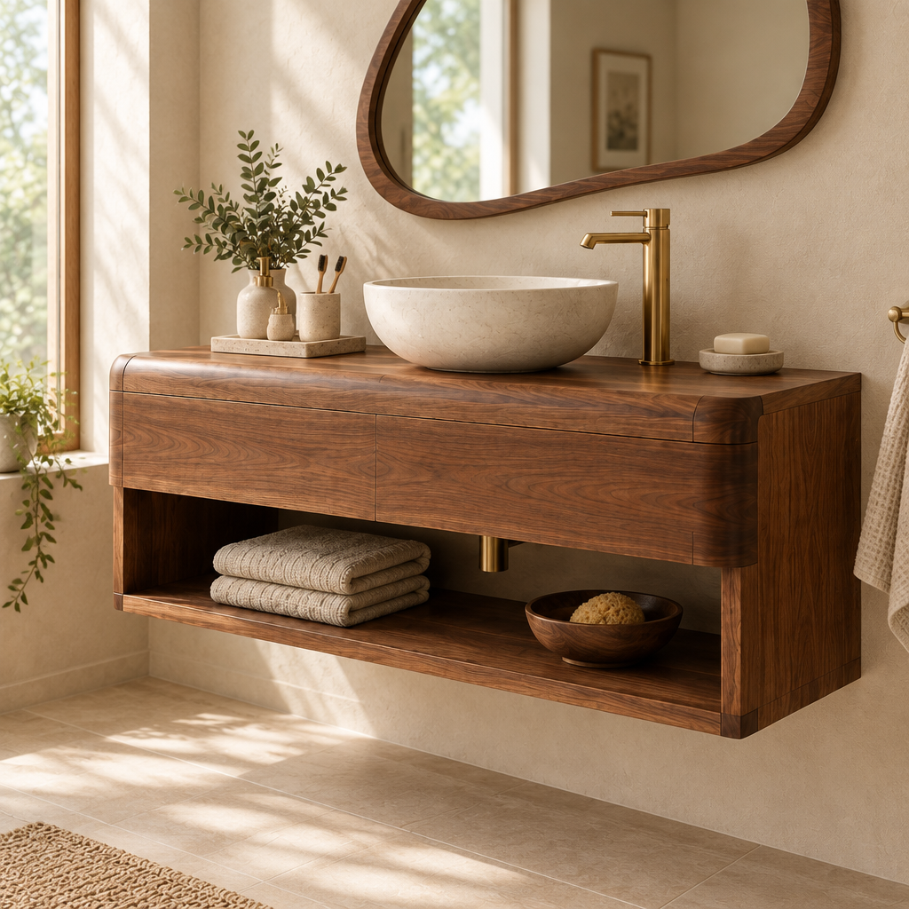 Mesa Vanity and Organic Mirror Set in use