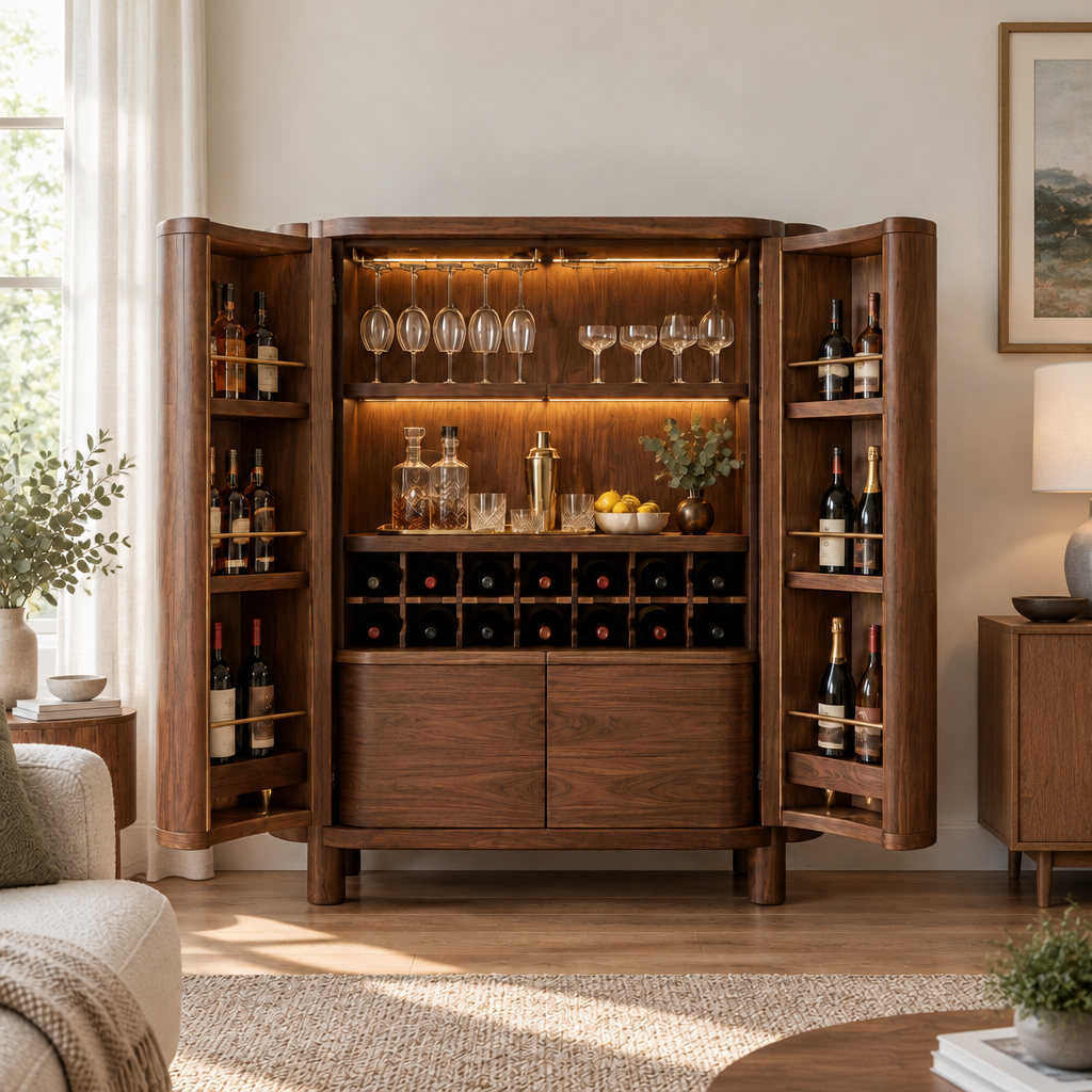 Sora Curved Bar Cabinet in a living room