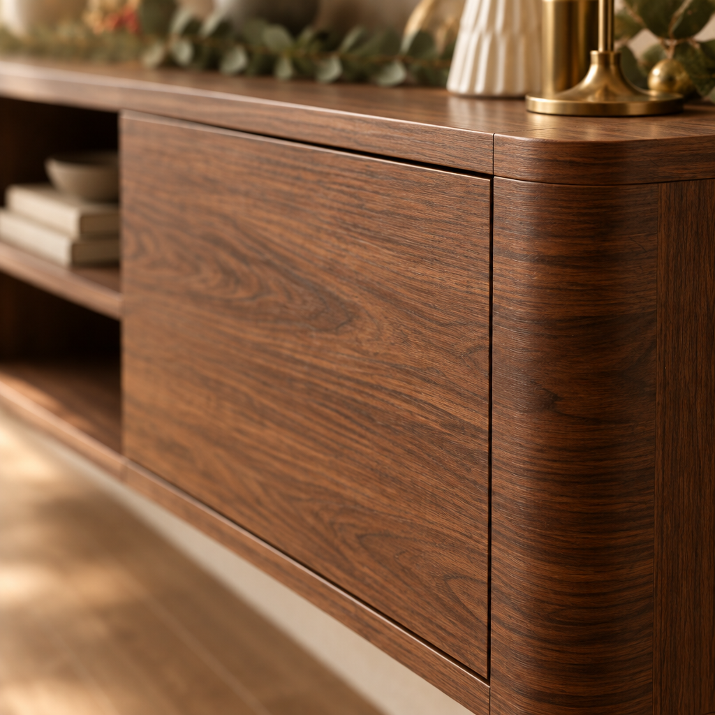 Sora Floating Media Console wood grain and joinery close-up