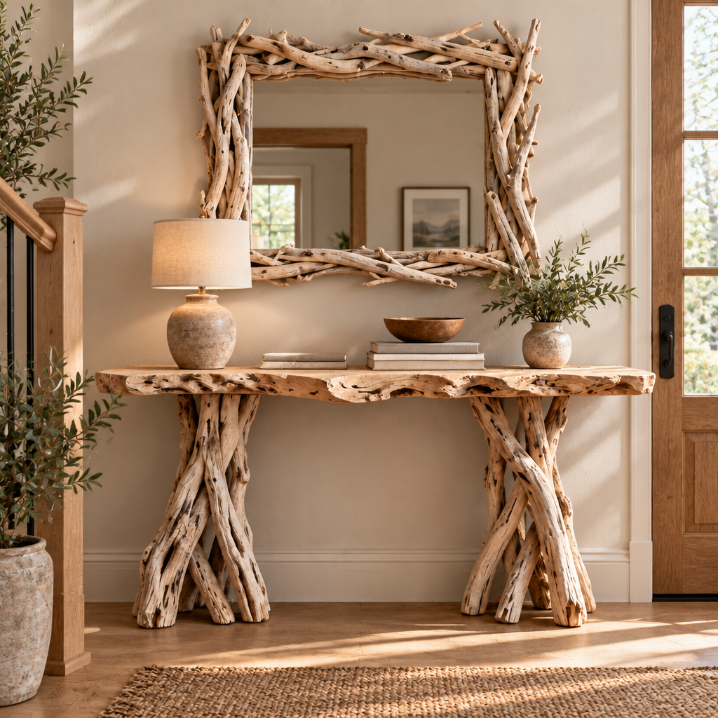 Tidewood Driftwood Console and Mirror Set in use