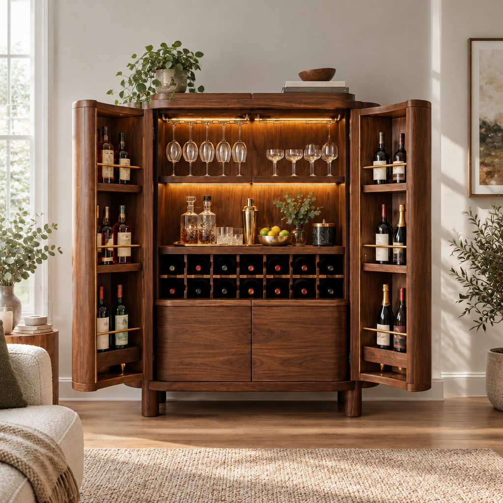 Sora Curved Bar Cabinet in use