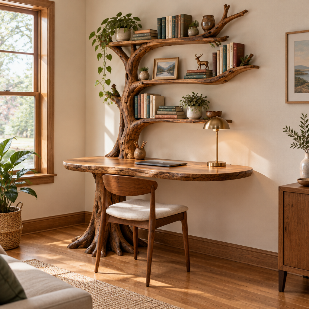 Rowan Tree Desk with Bookshelf side view