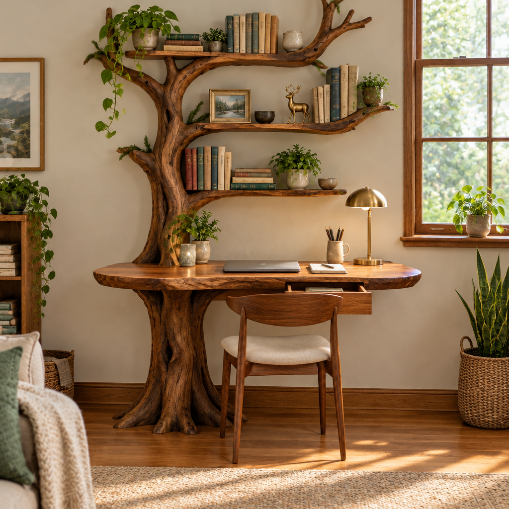 Rowan Tree Desk with Bookshelf in use