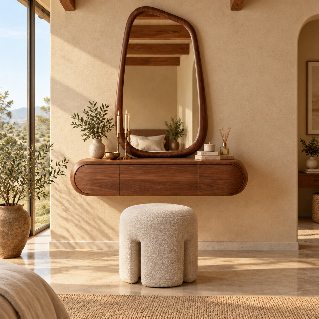 Mojave Sculpted Dressing Table with Mirror in a living room