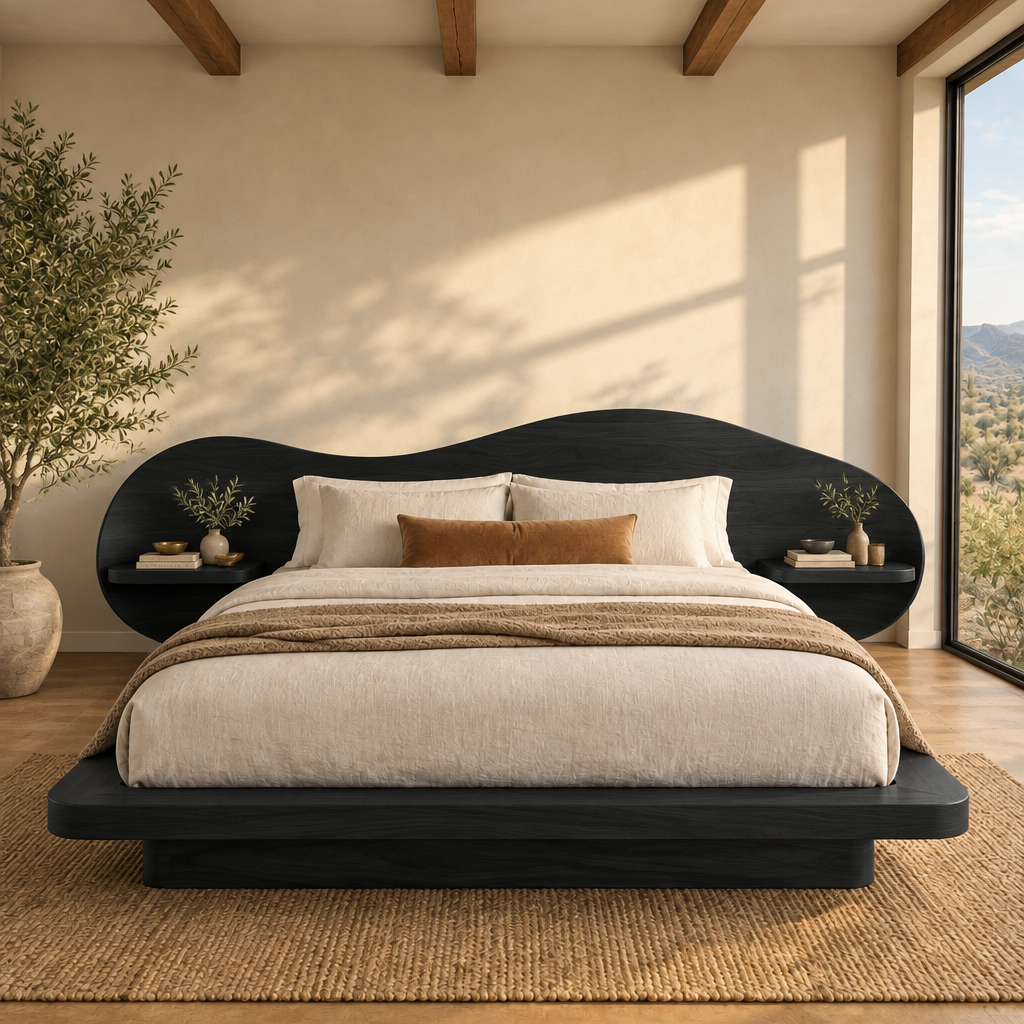 Mojave Wave Bed with Sculpted Headboard in Ebonized Black finish
