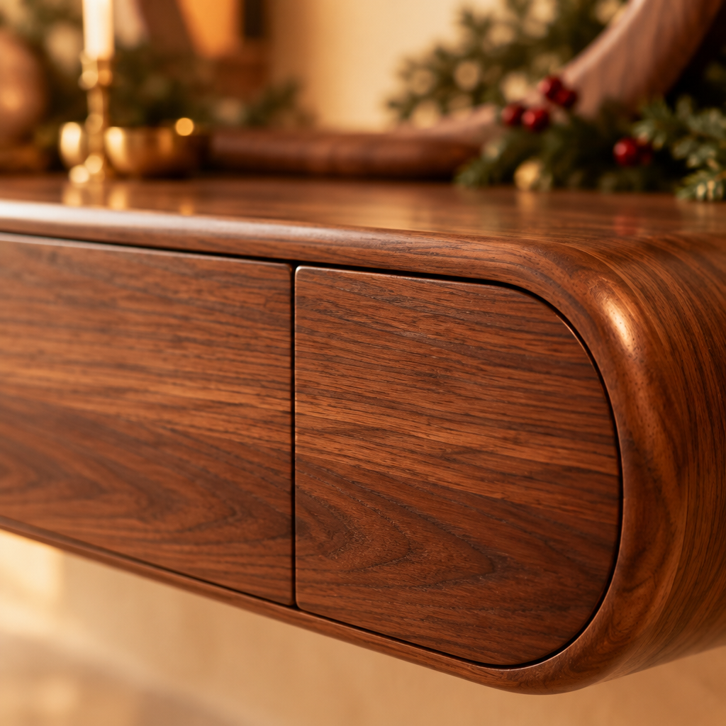 Mojave Sculpted Dressing Table with Mirror wood grain and joinery close-up