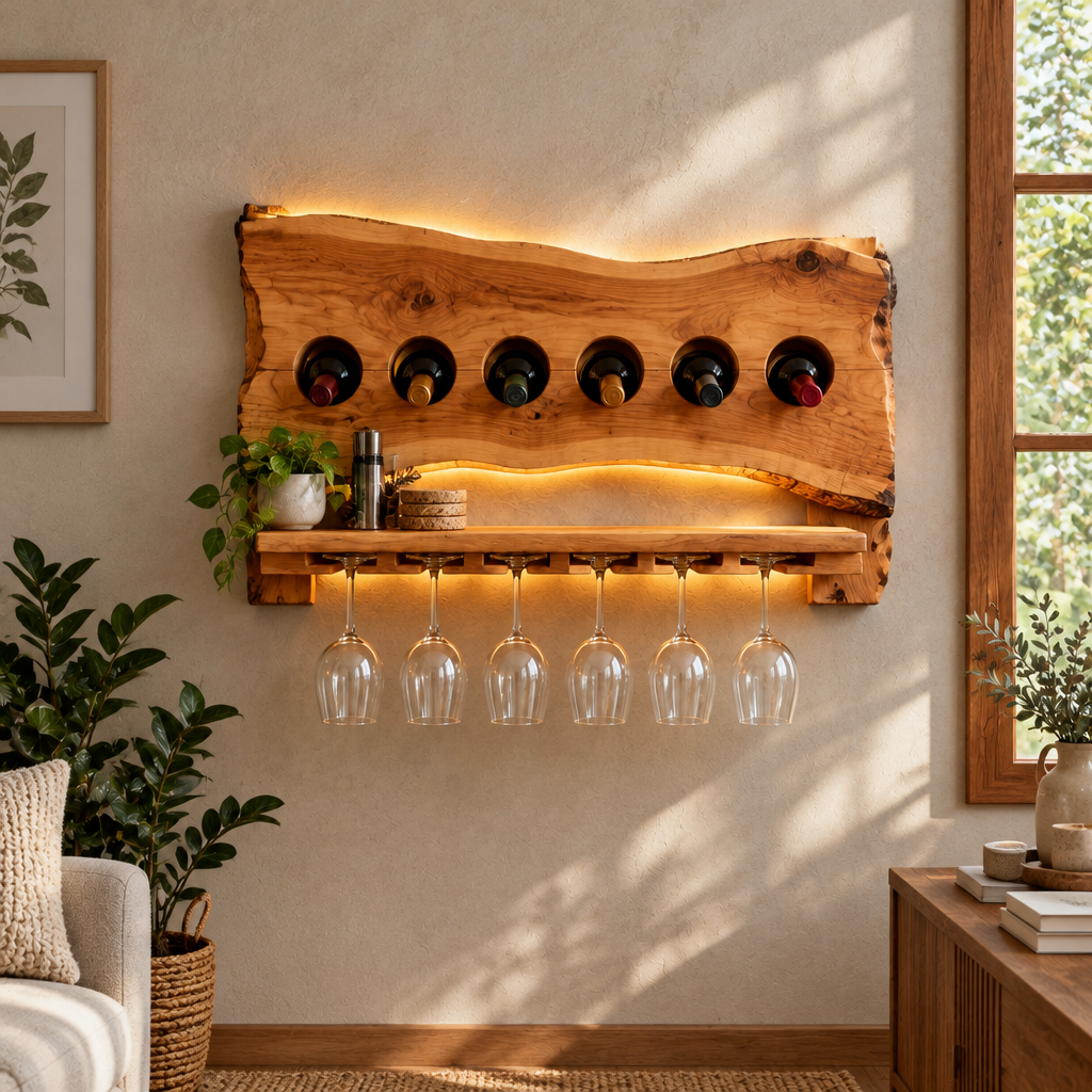 Tidewood Live-Edge Floating Wine Shelf in use