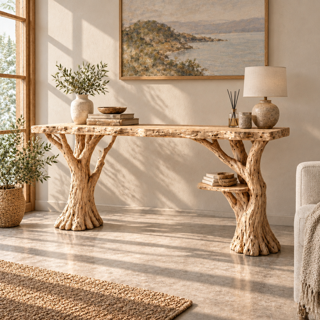 Tidewood Slab Desk with Branch Legs in a living room