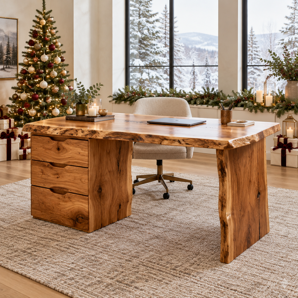 Riverbend Live-Edge Executive Desk in a Christmas home