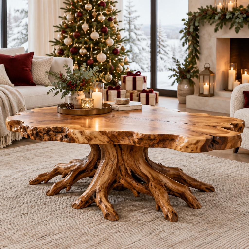 Riverbend Live-Edge Root-Base Coffee Table in a Christmas home