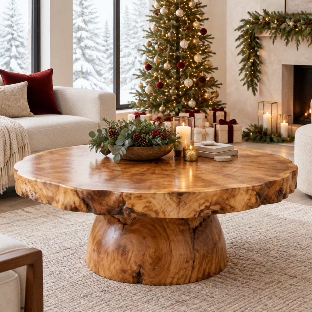 Riverbend Live-Edge Round Slab Coffee Table in a Christmas home