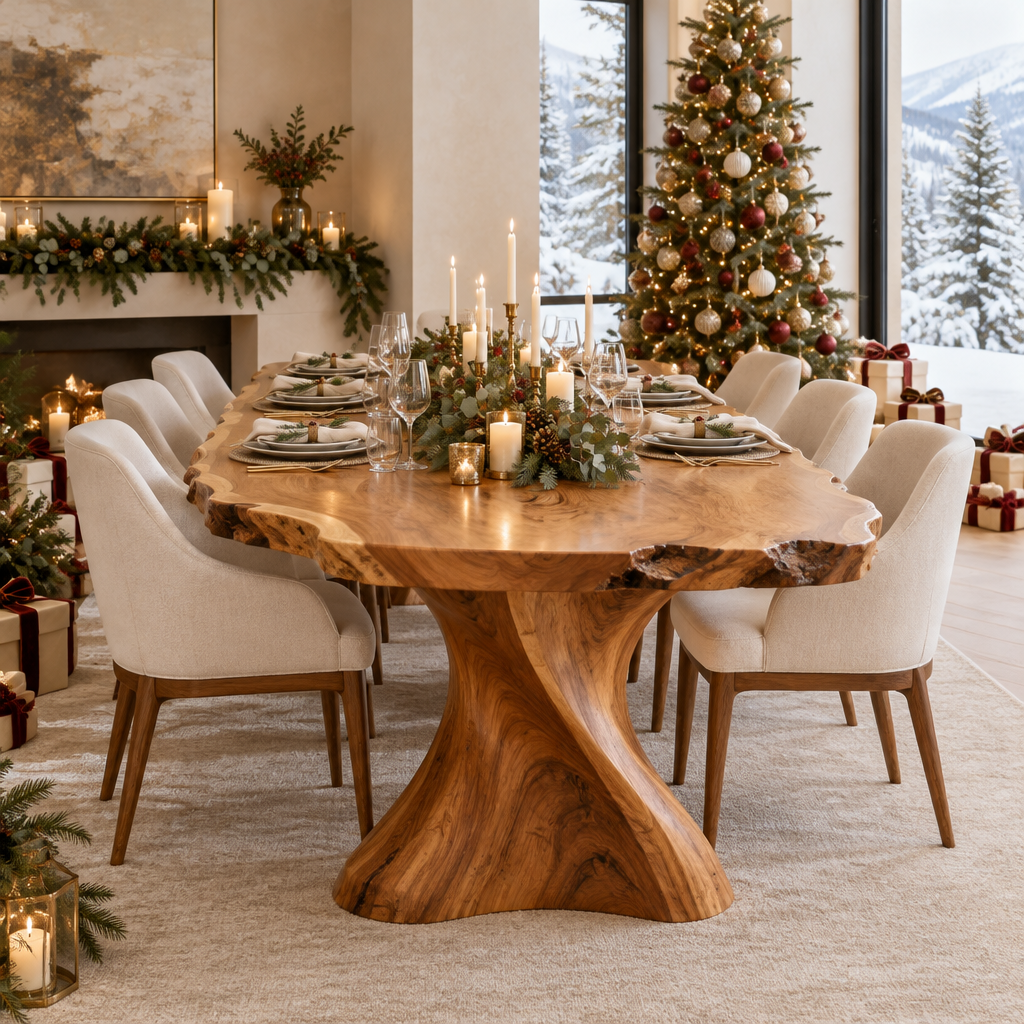Riverbend Live-Edge Sculpted Base Dining Table in a Christmas home