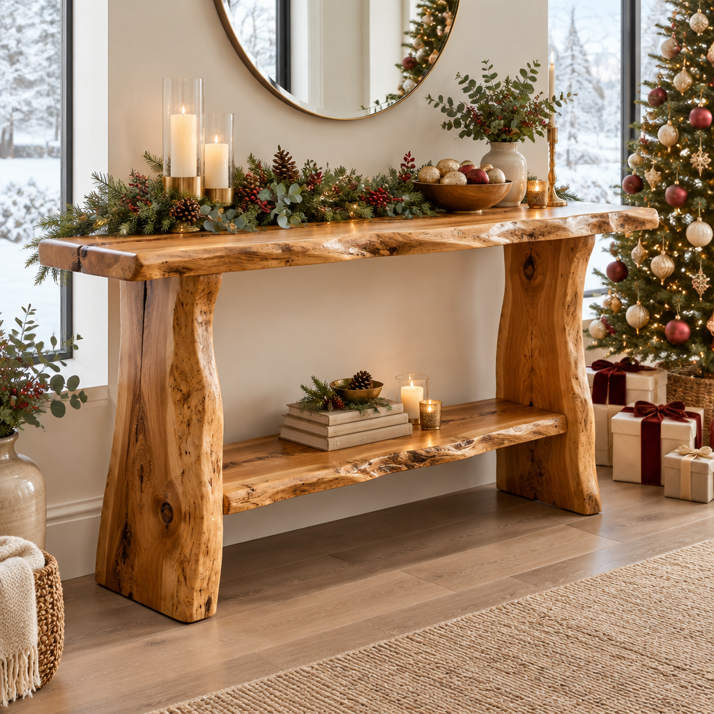 Riverbend Live-Edge Console with Lower Shelf in a Christmas home