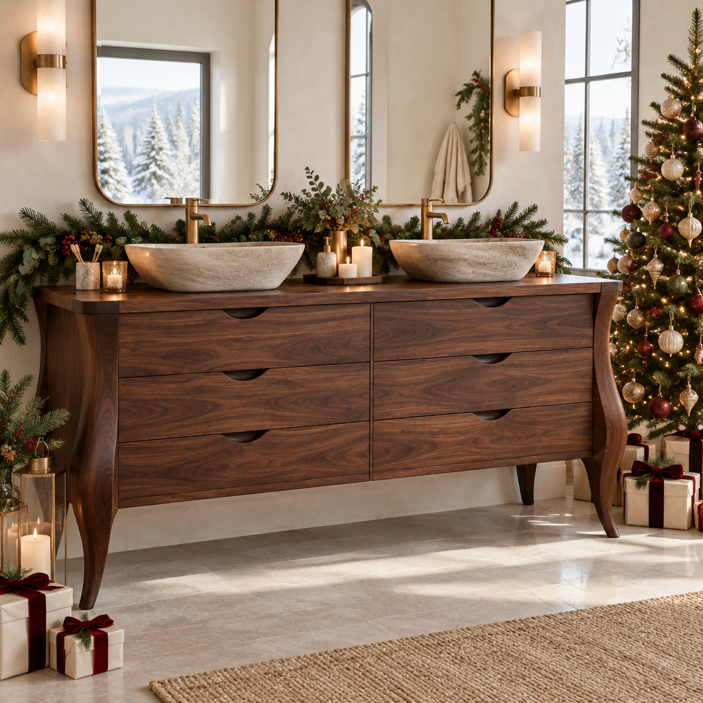 Atelier Double-Basin Sculpted Vanity in a Christmas home
