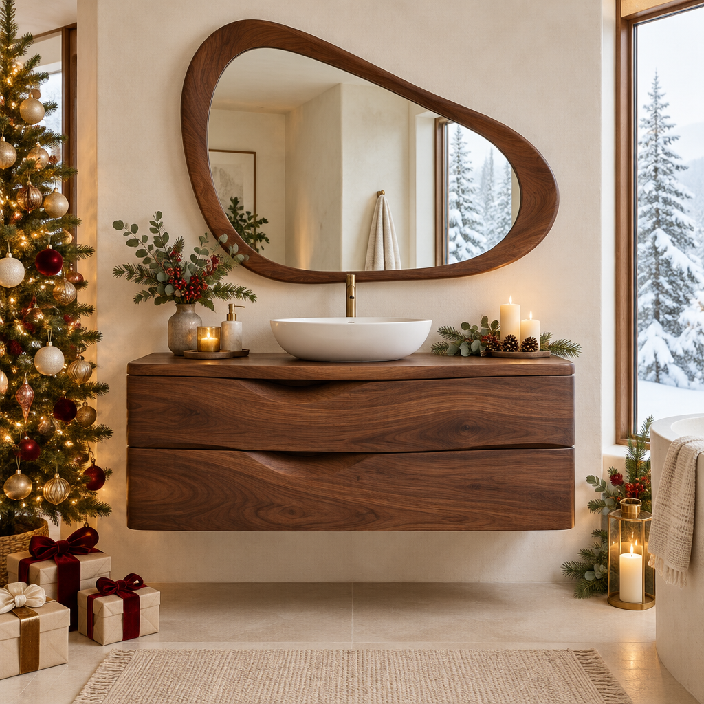 Atelier Floating Vanity and Mirror Set in a Christmas home