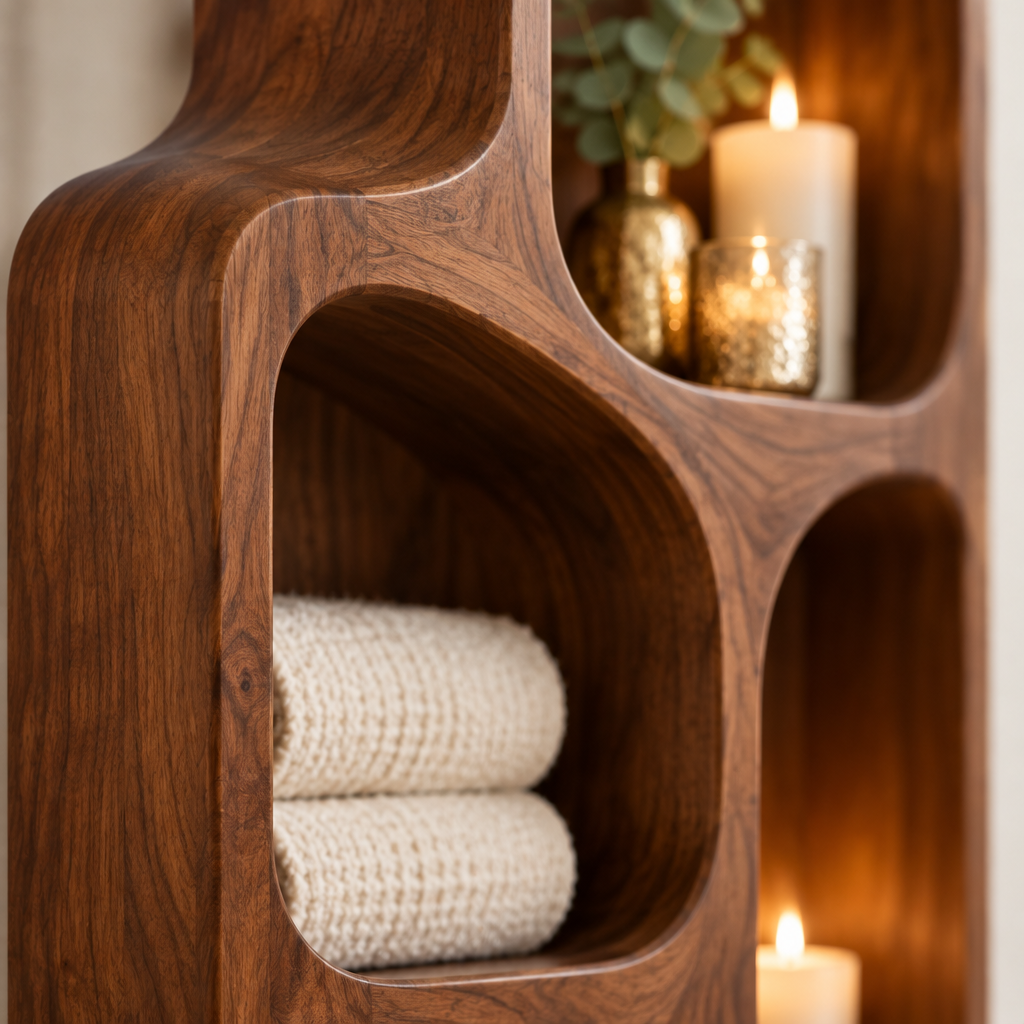 Atelier Sculpted Spa Wall Shelf wood grain close-up