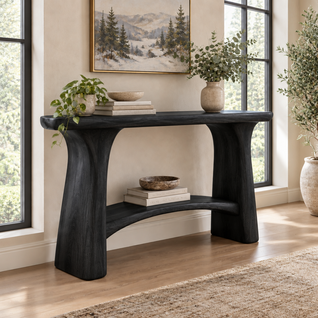 Atelier Arch Console with Shelf in Ebonized Black finish